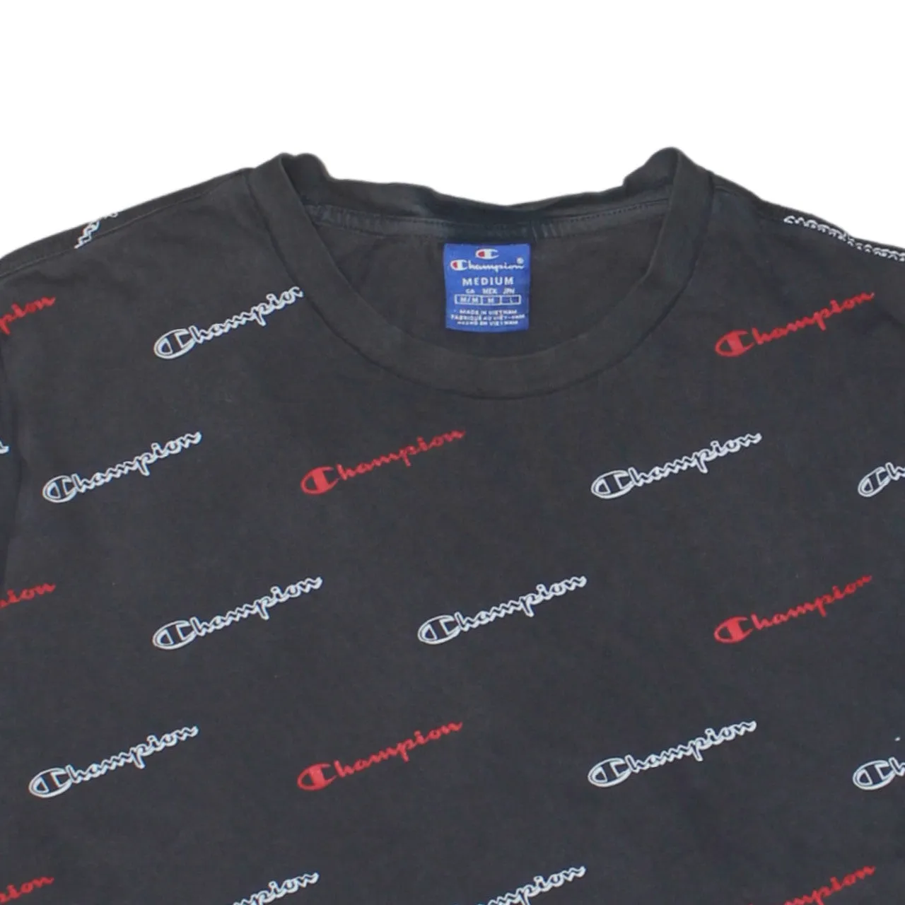 Champion Black All Over Logo T Shirt Men's Medium Short Sleeve Printed Casual Tee sold by Vintage Club product image thumbnail 4