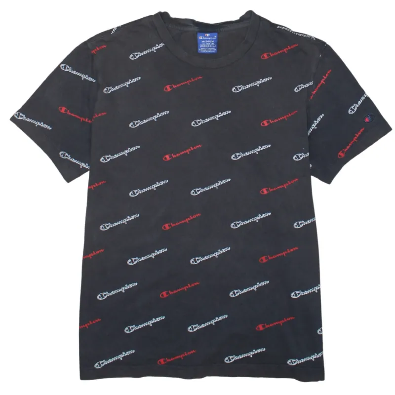 Champion Black All Over Logo T Shirt Men's Medium Short Sleeve Printed Casual Tee sold by Vintage Club