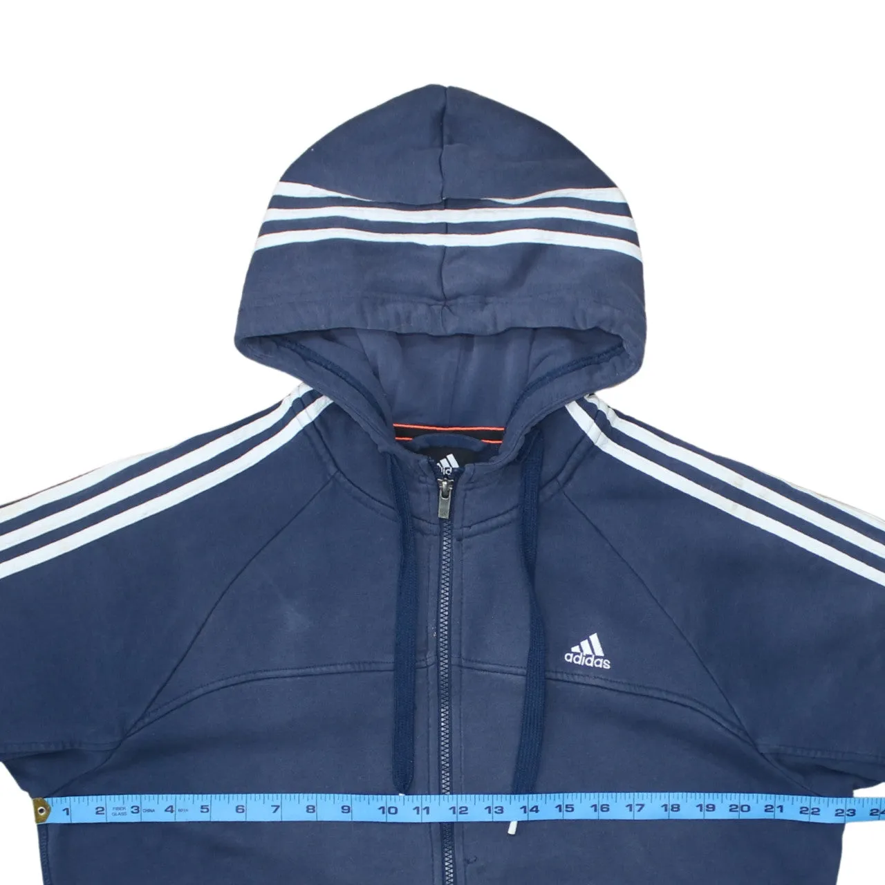 Adidas Navy Blue Hoodie Men's Large Full Zip Three Stripe Sleeves Embroidered Logo Sweatshirt sold by Vintage Club product image thumbnail 5