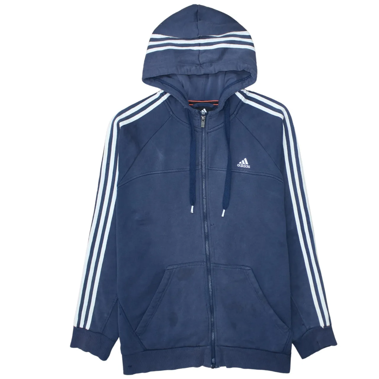 Adidas Navy Blue Hoodie Men's Large Full Zip Three Stripe Sleeves Embroidered Logo Sweatshirt sold by Vintage Club