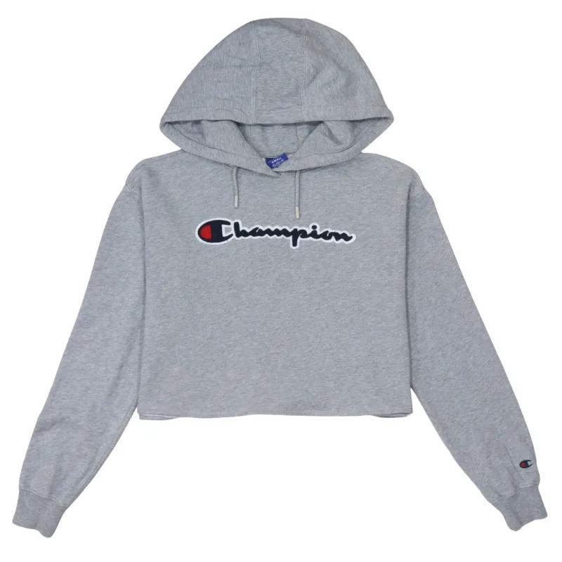 Champion Grey Hoodie Women's Small Cropped Embroidered Logo Drawstring Hood Fleece Pullover made by Champion