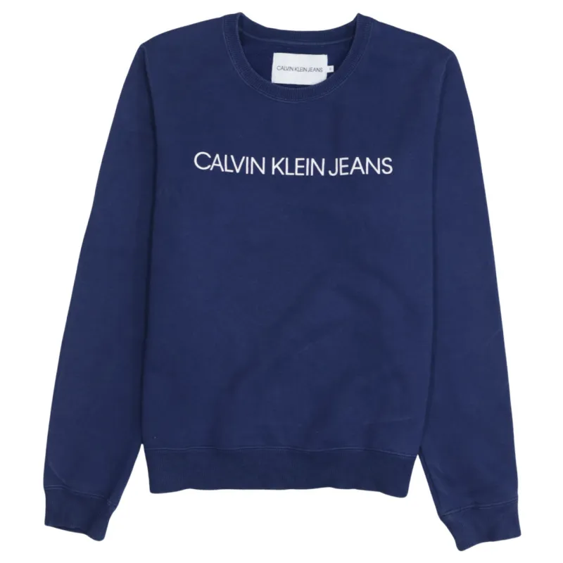 Calvin Klein Navy Blue Sweatshirt Men's Small Printed Logo Crewneck Pullover Jumper sold by Vintage Club