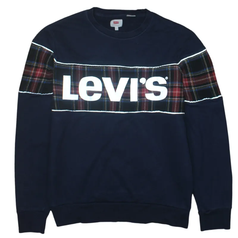 Levi's Navy Blue Sweatshirt Men's Small Tartan Panel Large Printed Logo Pullover Top made by Levi's