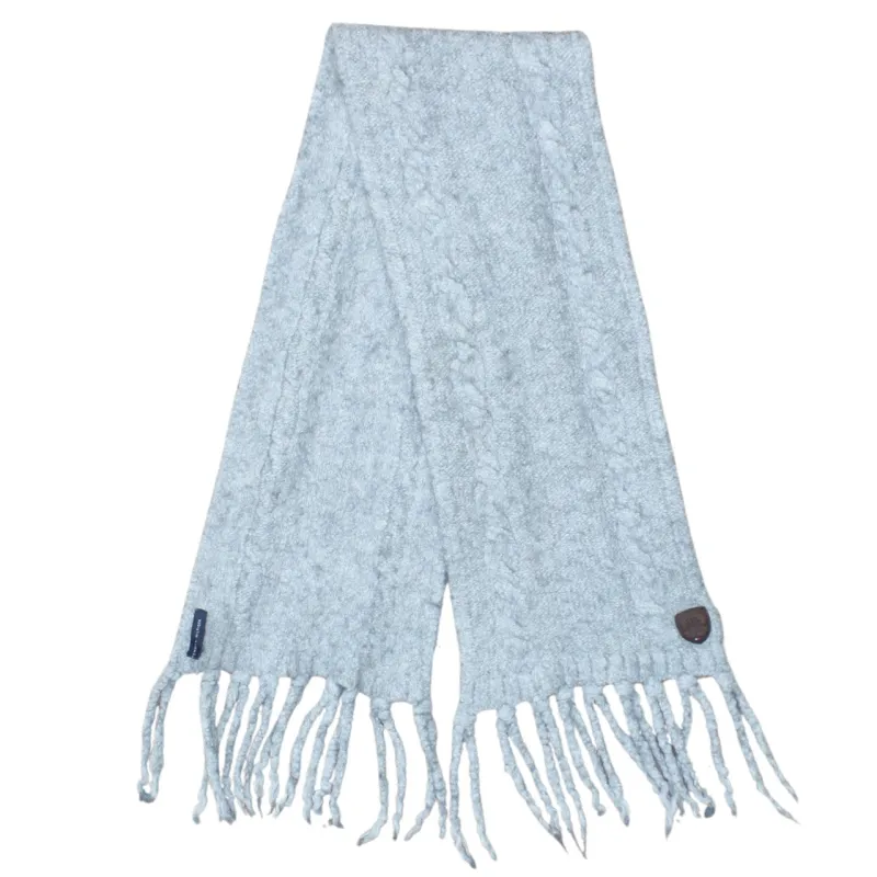 Tommy Hilfiger Light Grey Scarf Men’s One Size Cable Knit Tassel Edges Leather Patch sold by Vintage Club