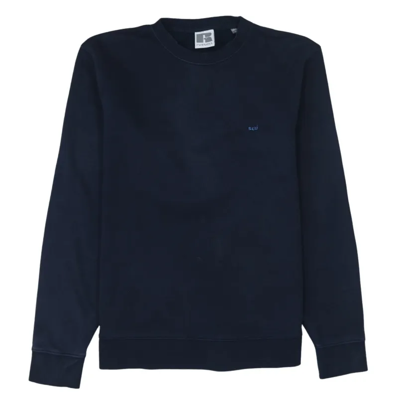 Russell Navy Blue Sweatshirt Men's Medium Small Logo Crewneck Ribbed Cuffs Pullover Top sold by Vintage Club