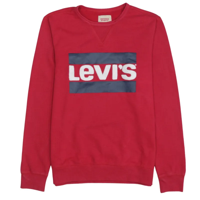 Levi's Red Sweatshirt Men's Small Flocked Box Logo Crewneck Ribbed Cuffs Pullover Jumper made by Levi's