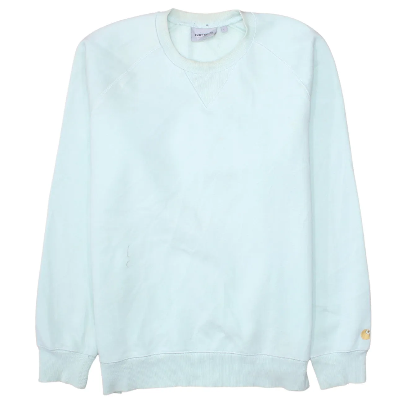 Carhartt Pale Blue Sweatshirt Men's Large Embroidered Sleeve Logo Raglan Crewneck Pullover sold by Vintage Club