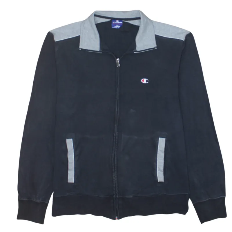 Champion Black Track Jacket Men’s Large Full Zip Grey Panels Embroidered Logo Sweatshirt Top sold by Vintage Club