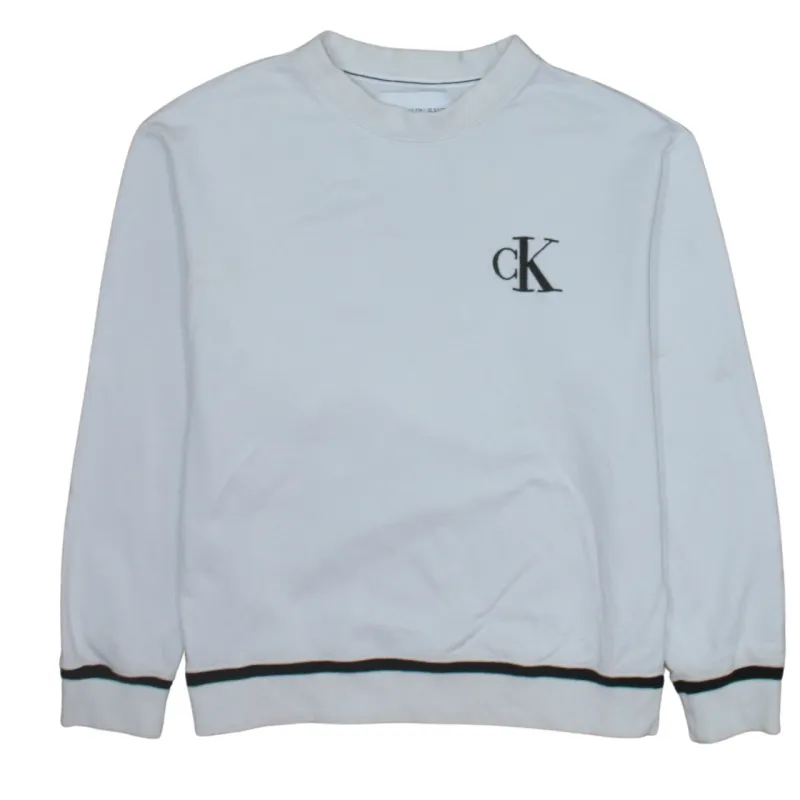 Calvin Klein White Sweatshirt Men's Small Embroidered CK Logo Contrast Trim Pullover Top sold by Vintage Club