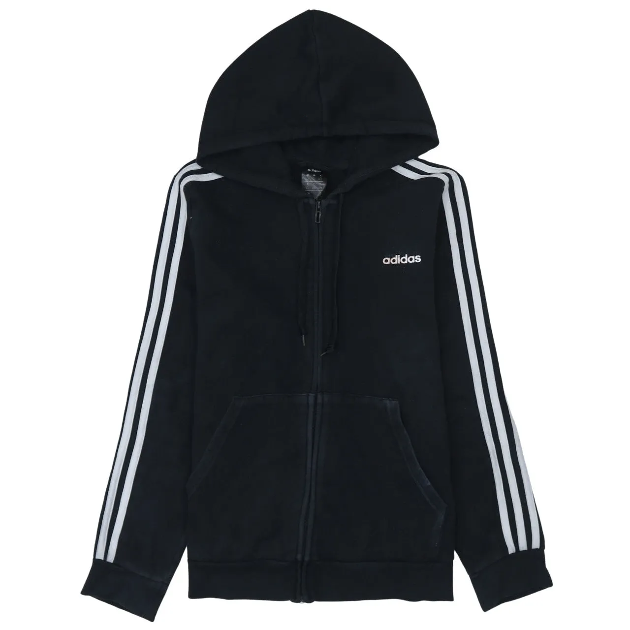 Adidas Black Hoodie Women’s Large Full Zip Three Stripe Sleeves Embroidered Logo Sweatshirt sold by Vintage Club