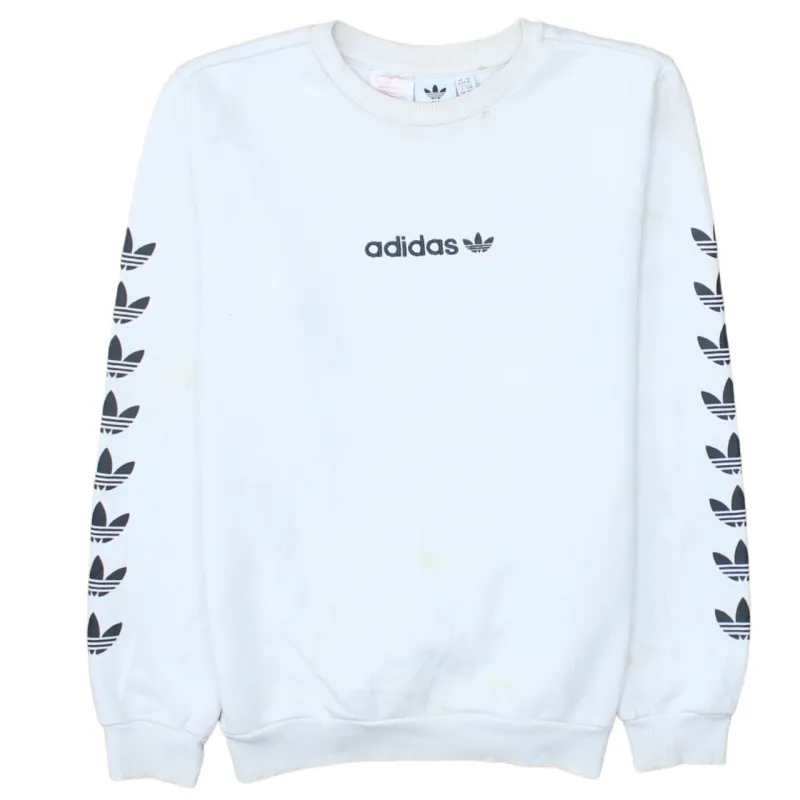 Adidas White Sweatshirt Women’s Medium Embroidered Trefoil Logo Sleeve Print Pullover Top sold by Vintage Club