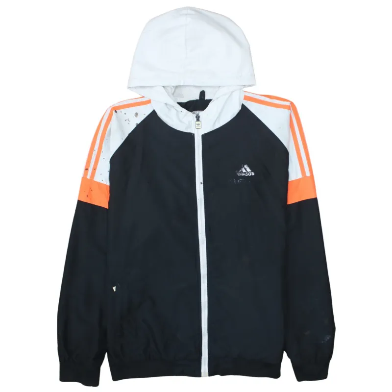 Adidas Black White Hooded Jacket Women’s XXL Zip Front Orange Stripes Printed Logo Windbreaker sold by Vintage Club
