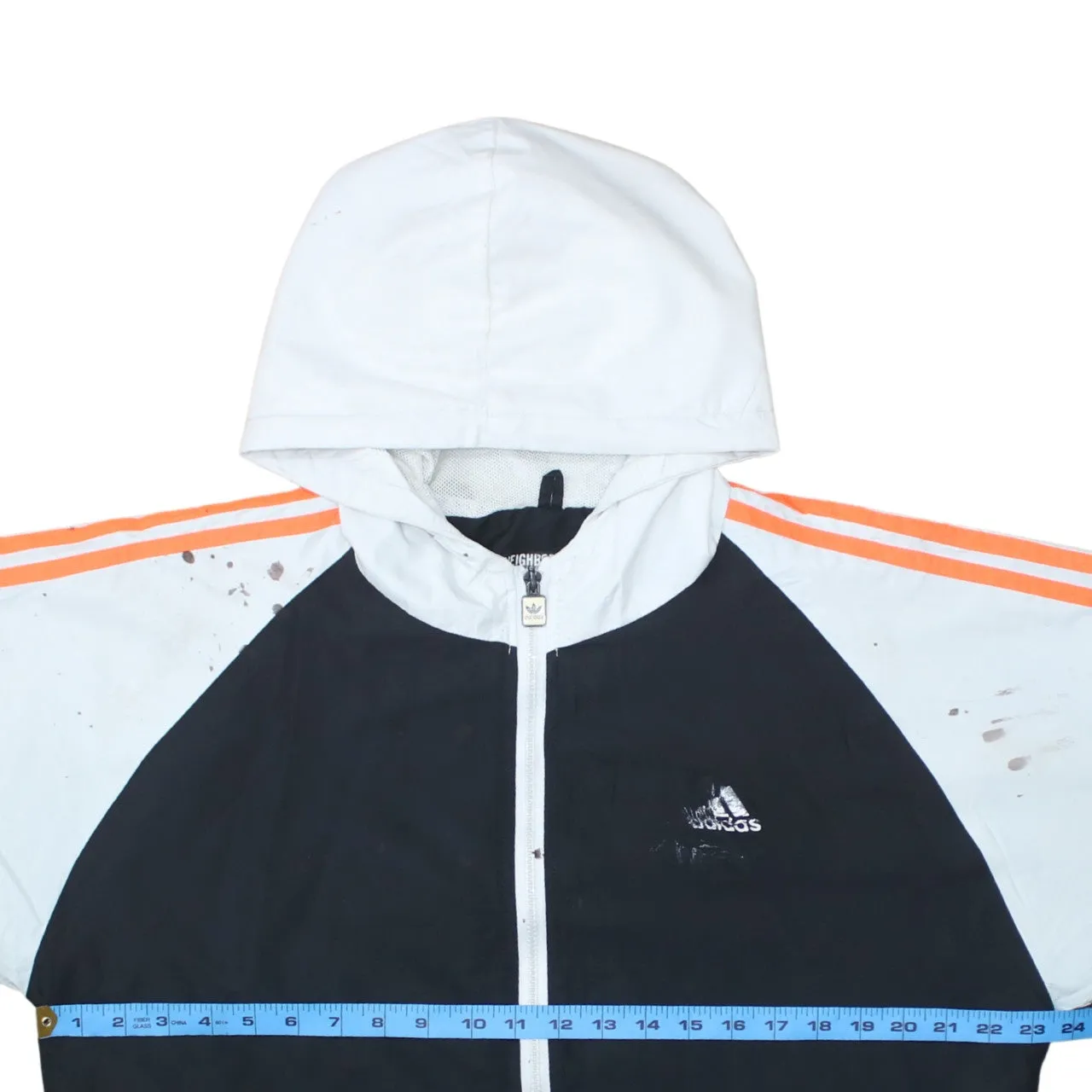 Adidas Black White Hooded Jacket Women’s XXL Zip Front Orange Stripes Printed Logo Windbreaker sold by Vintage Club product image thumbnail 5