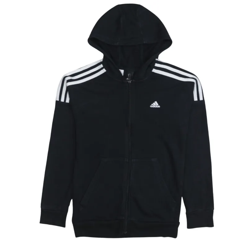 Adidas Black Hoodie Women’s Large Full Zip Three Stripe Sleeves Printed Logo Top sold by Vintage Club
