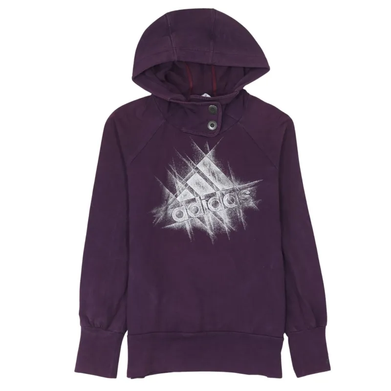 Adidas Purple Hoodie Women’s Small Printed Logo High Neck Button Detail Pullover Sweatshirt sold by Vintage Club