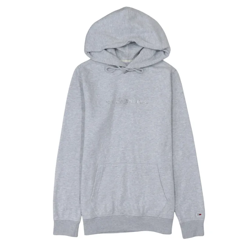 Tommy Jeans Grey Hoodie Women's Large Embroidered Chest Logo Front Pocket Pullover Sweatshirt made by Vintage Club