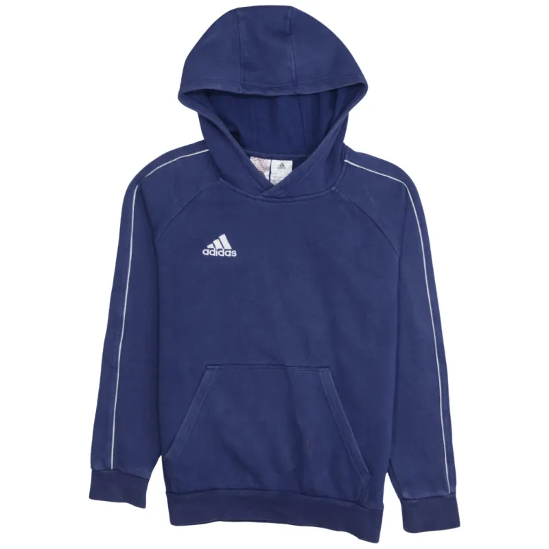 Adidas Navy Blue Hoodie Women’s Large Embroidered Logo Piped Sleeves Front Pocket Pullover sold by Vintage Club