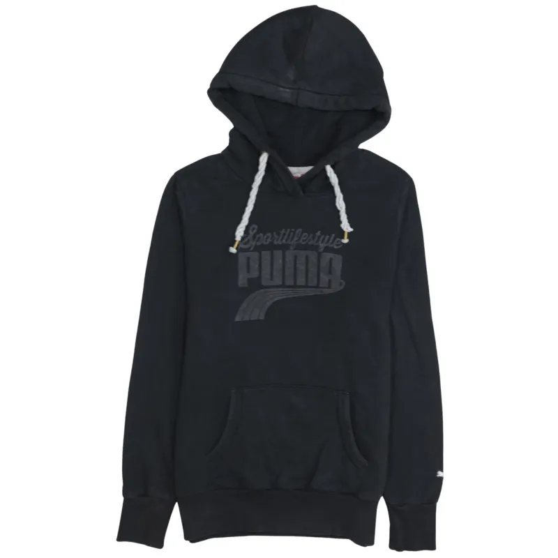 Puma Black Hoodie Women’s Medium Printed Sportlifestyle Logo Rope Drawstring Pullover Sweatshirt sold by Vintage Club