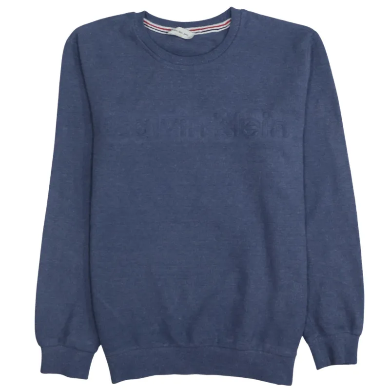 Calvin Klein Navy Blue Sweatshirt Women's Medium Embossed Logo Crewneck Pullover Top made by Calvin Klein