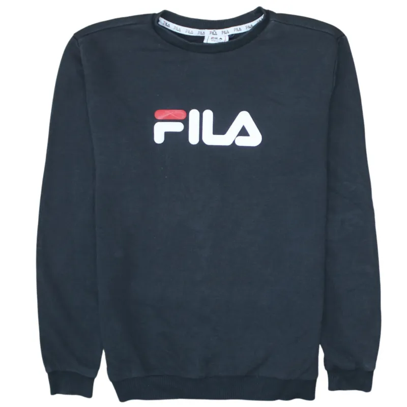 Fila Black Sweatshirt Women's Medium Printed Logo Crewneck Ribbed Cuffs Pullover Top made by Fila