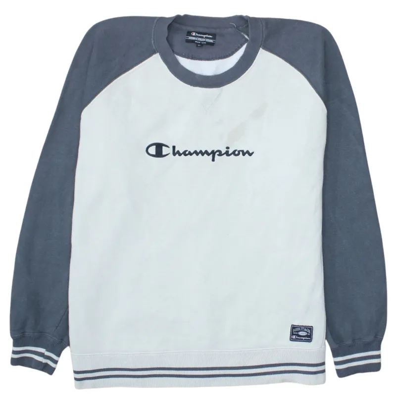Champion White Grey Sweatshirt Men's XLarge Embroidered Logo Raglan Sleeves Heritage Pullover made by Champion