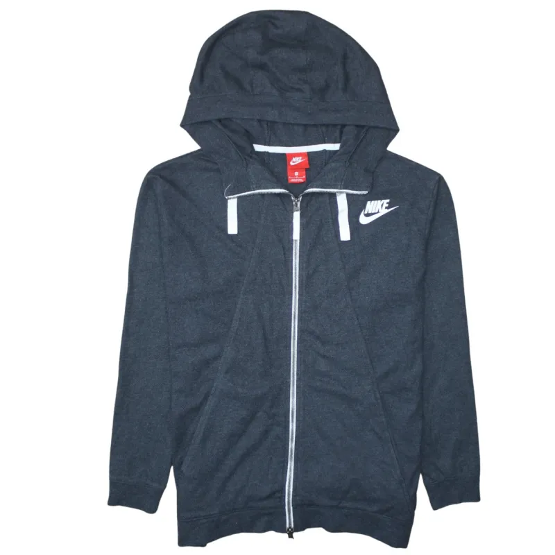 Nike Dark Charcoal Zip Hoodie Men's Medium Printed Swoosh Logo Drawstring Hood Sweatshirt made by Nike