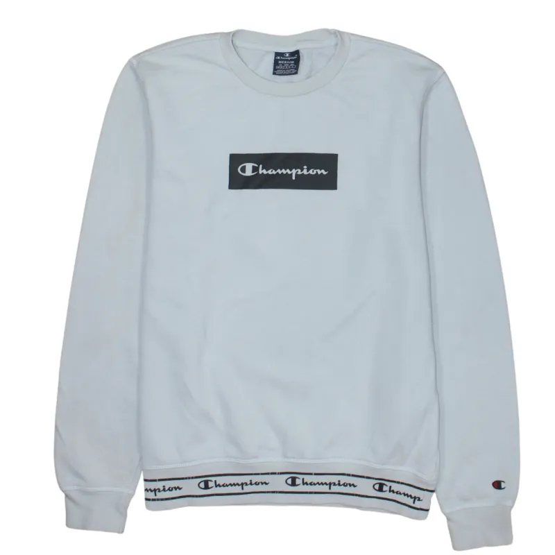 Champion White Sweatshirt Women's Medium Printed Box Logo Branded Hem Crewneck Pullover sold by Vintage Club