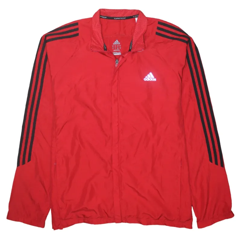 Adidas Red Windbreaker Jacket Women's Large Three Stripe Sleeves Printed Logo Track Top made by Vintage Club