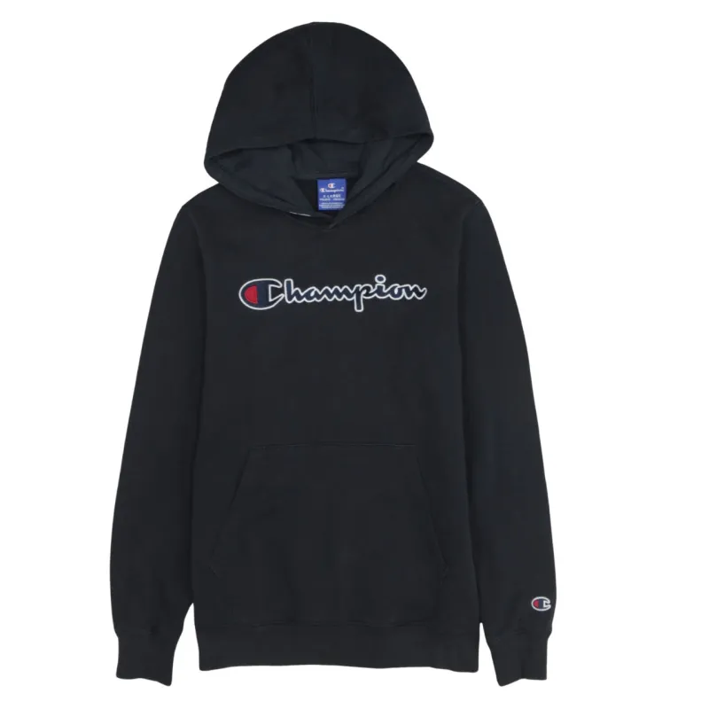 Champion Black Hoodie Women’s XLarge Embroidered Script Logo Front Pouch Fleece Pullover made by Champion