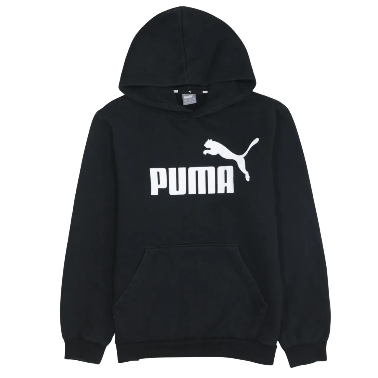 Puma Black Hoodie Women’s Large Printed Big Logo Front Pocket Pullover Sweatshirt sold by Vintage Club