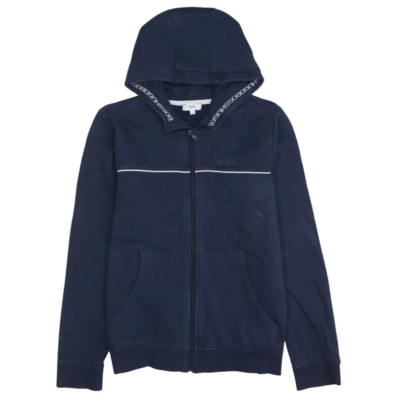 HUGO BOSS Navy Blue Hoodie Women’s Small Zip Front Embroidered Logo Split Pockets Sweatshirt sold by Vintage Club