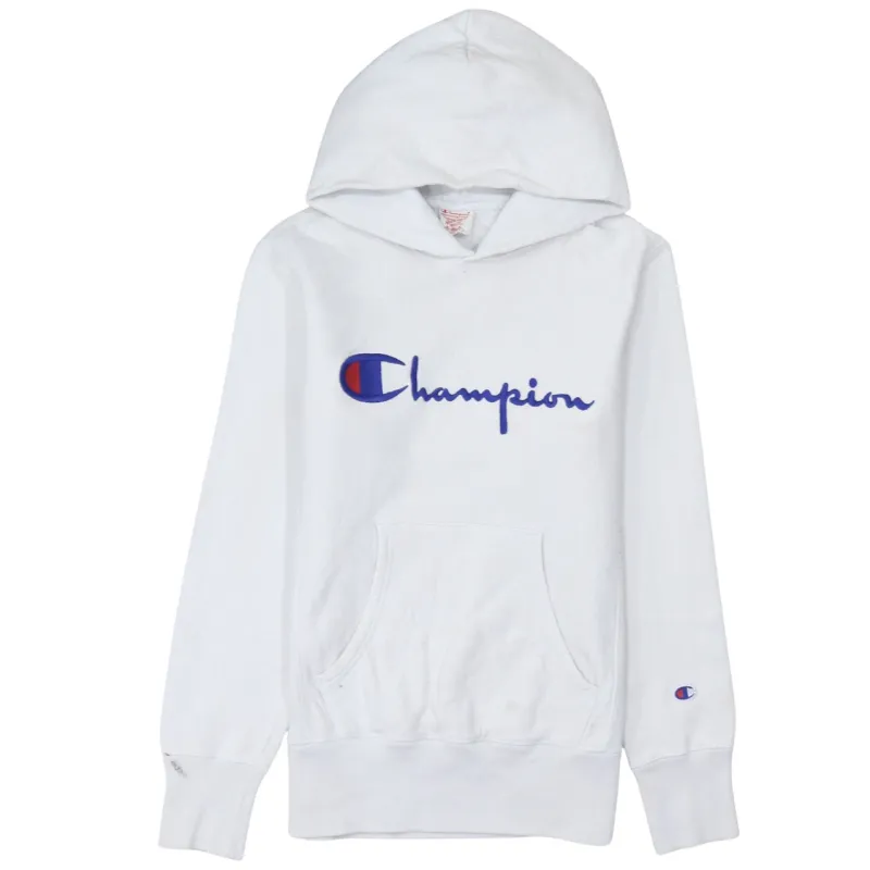 Champion White Hoodie Women’s Medium Embroidered Script Logo Front Pocket Pullover Sweatshirt sold by Vintage Club