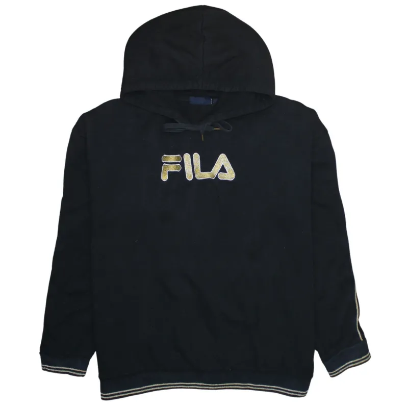 Fila Black Hoodie Men's XXLarge Embroidered Logo Contrast Stripe Cuffs Pullover Sweatshirt sold by Vintage Club
