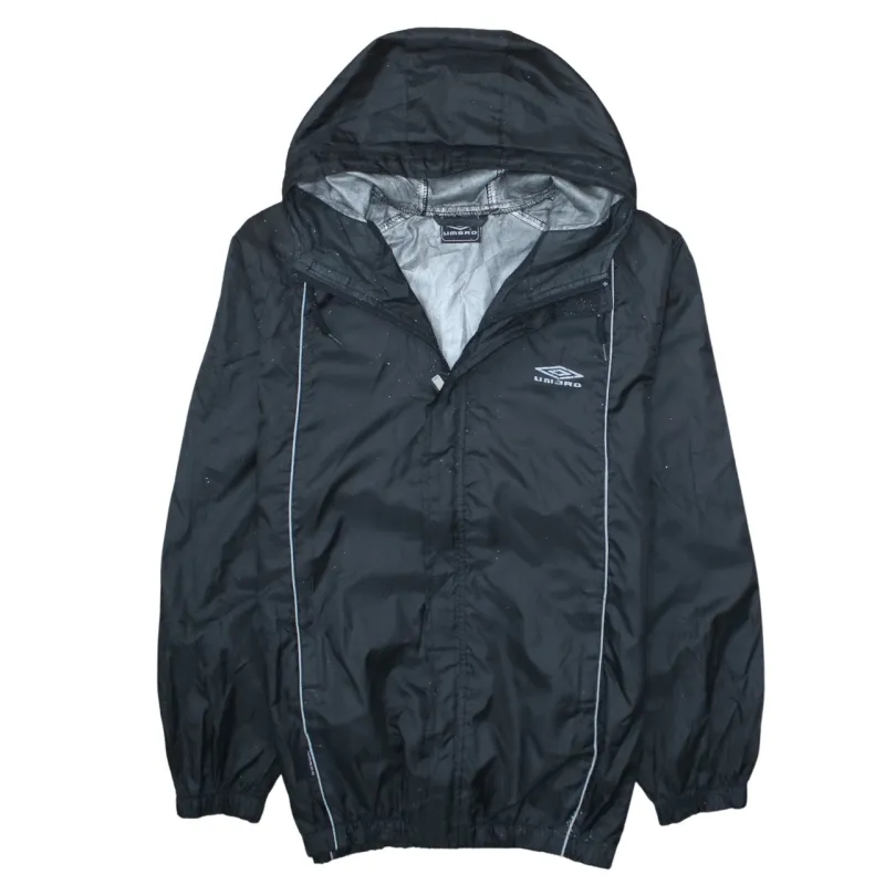 Umbro Black Hooded Windbreaker Men's Small Full Zip Reflective Piping Printed Logo Jacket made by Umbro