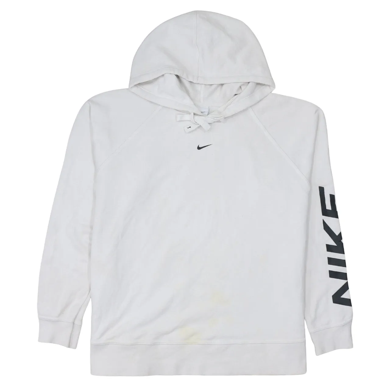 Nike White Hoodie Men’s Large Printed Sleeve Logo Small Swoosh Pullover Sweatshirt sold by Vintage Club