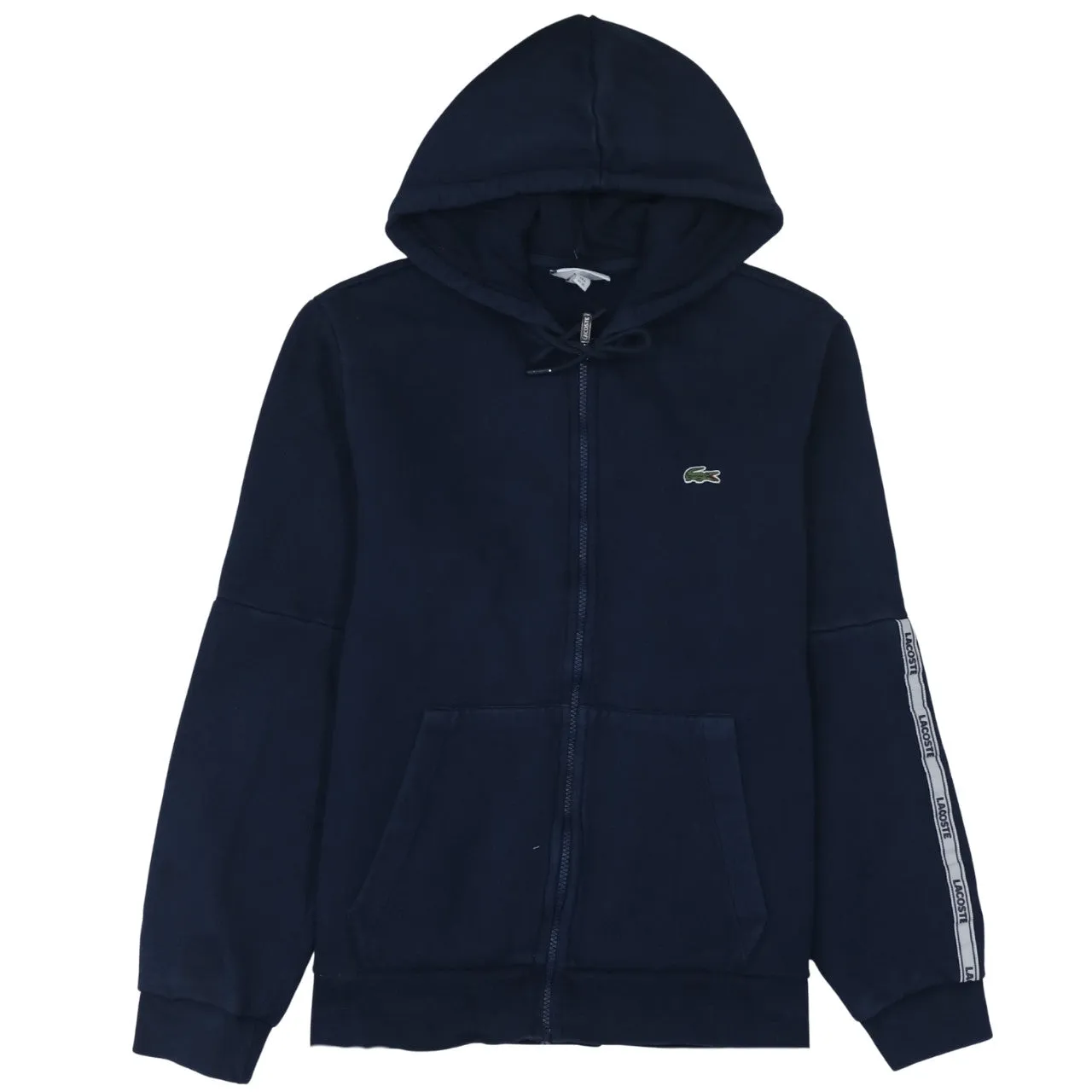Lacoste Navy Blue Zip Hoodie Women’s XLarge Embroidered Croc Logo Branded Sleeve Tape Sweatshirt sold by Vintage Club