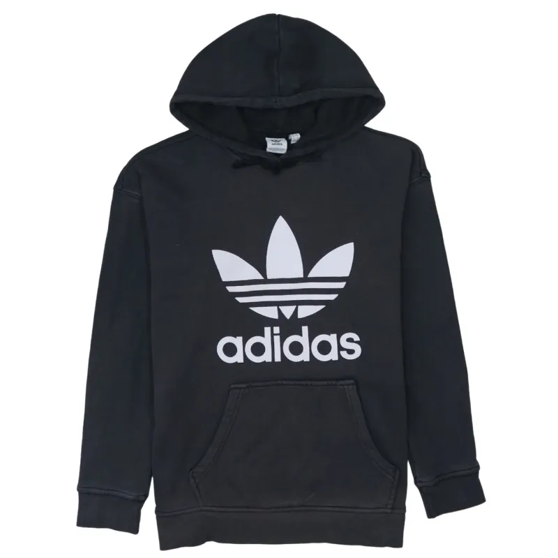 Adidas Black Hoodie Women’s Large Printed Trefoil Logo Front Pocket Pullover Sweatshirt sold by Vintage Club