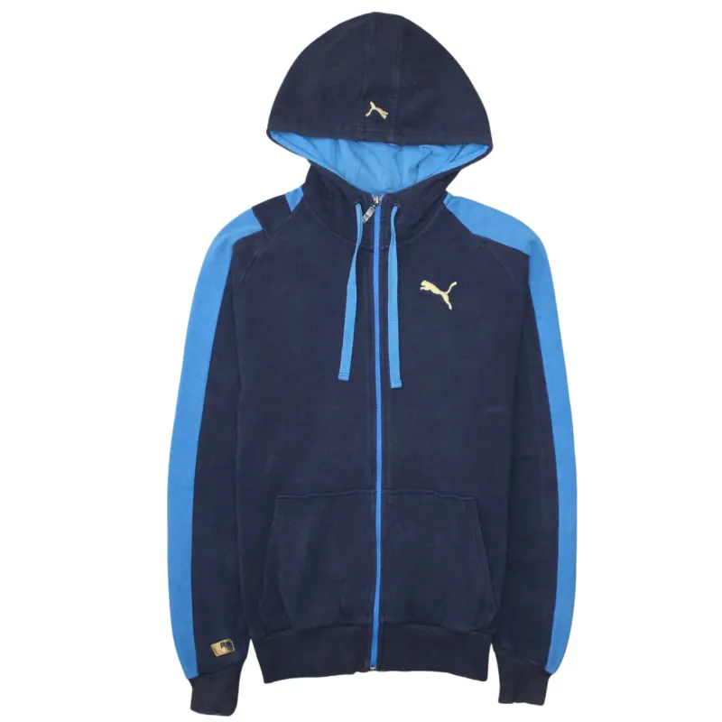 Puma Navy Blue Zip Hoodie Men’s Small Embroidered Logos Contrast Blue Sleeve Panels Sweatshirt made by Puma