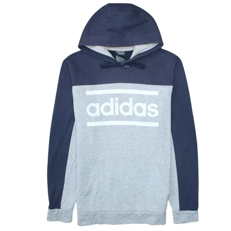 Adidas Navy Grey Hoodie Women’s Large Printed Logo Drawstring Hood Front Pocket Sweatshirt sold by Vintage Club