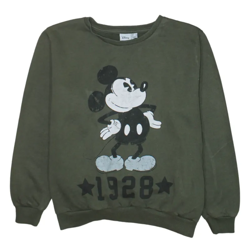 Disney Khaki Green Sweatshirt Women’s Large Printed Mickey 1928 Graphic Crewneck Pullover made by Disney