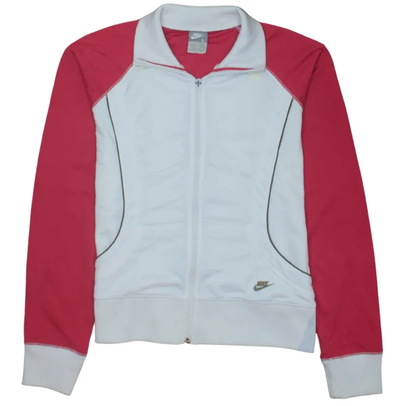 Nike White Pink Track Jacket Women's Large Full Zip Embroidered Swoosh Piped Trim Outerwear sold by Vintage Club