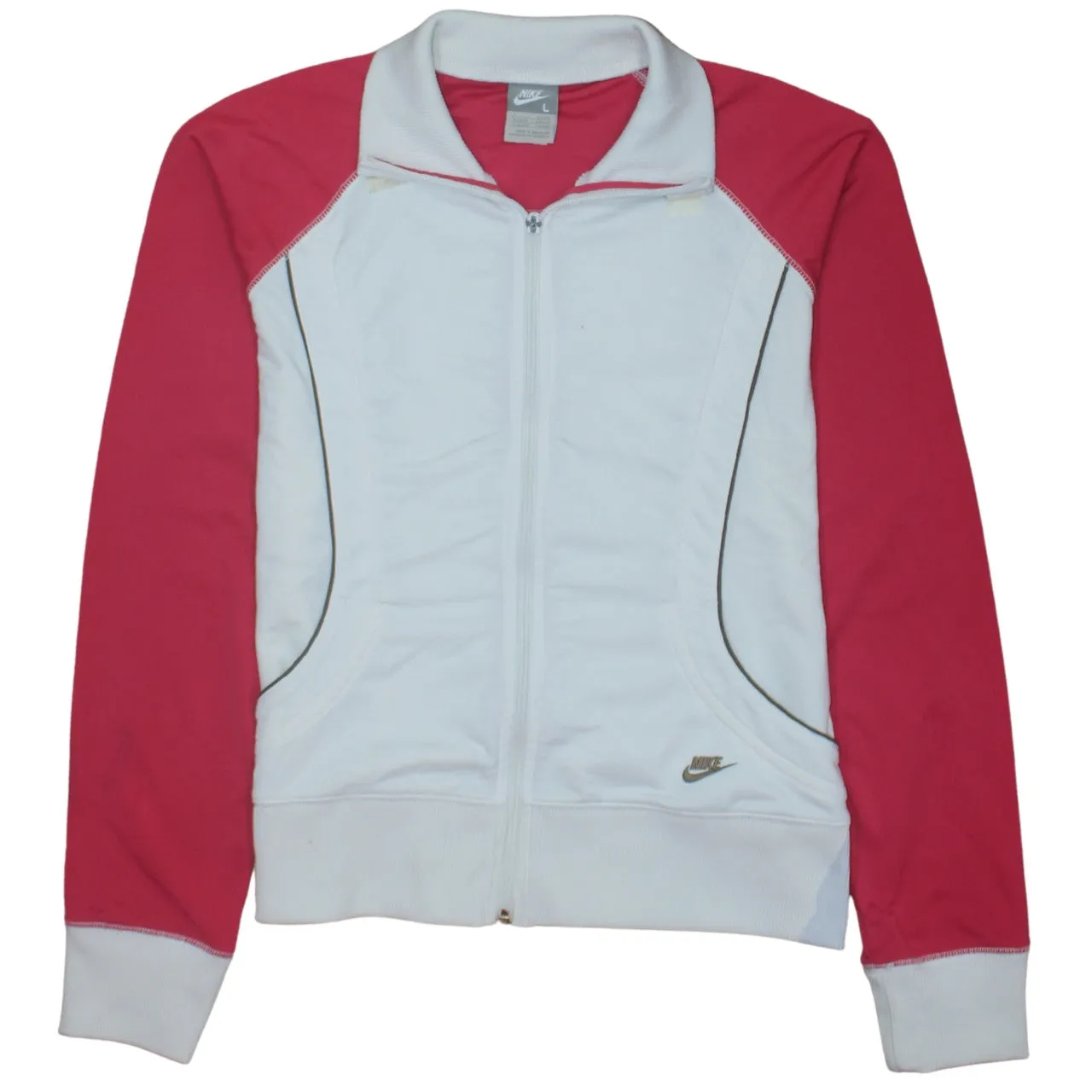 Nike White Pink Track Jacket Women's Large Full Zip Embroidered Swoosh Piped Trim Outerwear sold by Vintage Club