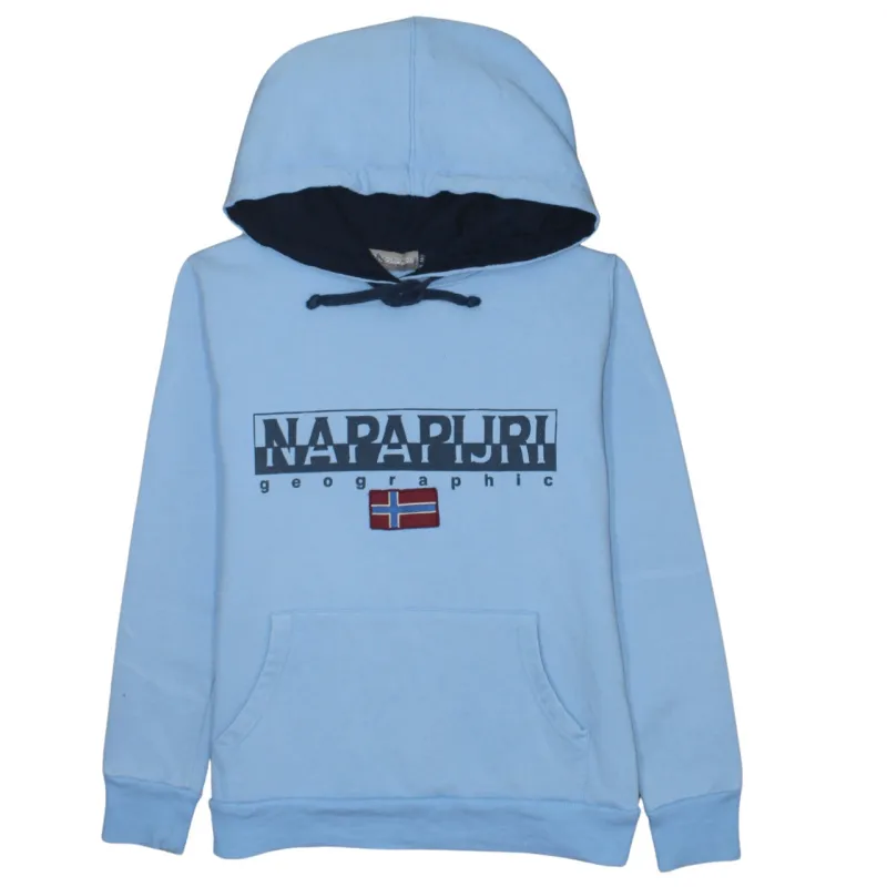 Napapijri Light Blue Hoodie Women’s Medium Embroidered Logo Front Pocket Fleece Sweatshirt sold by Vintage Club