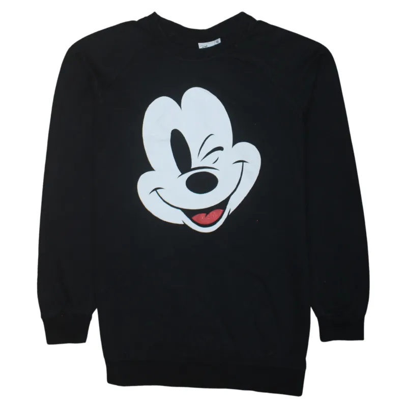 Disney Black Sweatshirt Women’s Medium Printed Mickey Mouse Face Crewneck Pullover Top sold by Vintage Club