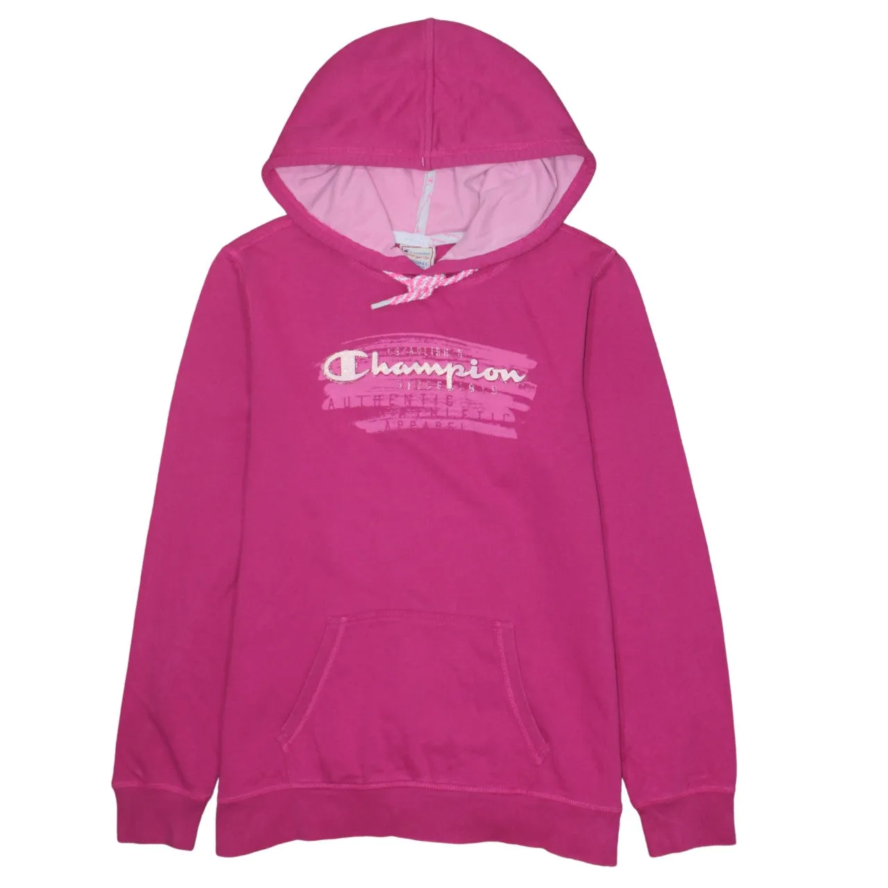 Champion Fuchsia Pink Hoodie Women's Large Printed Logo Front Pocket Pullover Sweatshirt sold by Vintage Club