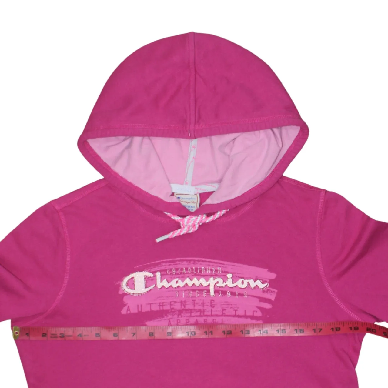 Champion Fuchsia Pink Hoodie Women's Large Printed Logo Front Pocket Pullover Sweatshirt sold by Vintage Club product image thumbnail 5
