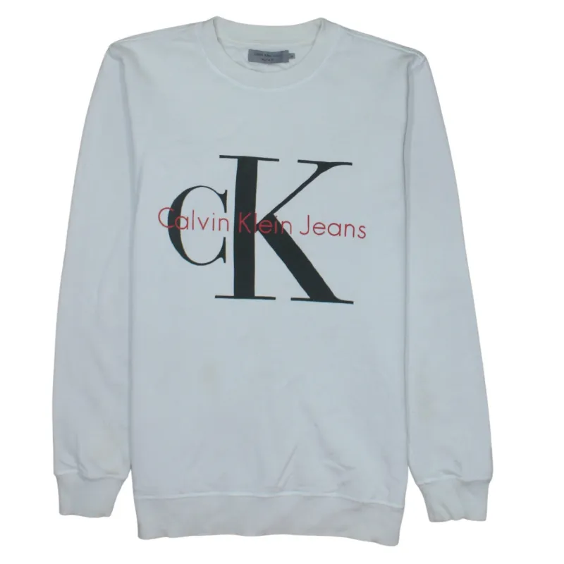 Calvin Klein White Sweatshirt Men's Medium Printed CK Jeans Logo Crewneck Pullover Top sold by Vintage Club