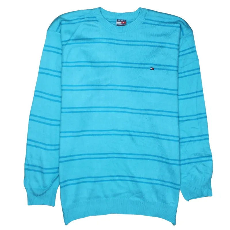 Tommy Hilfiger Turquoise Blue Jumper Women’s XLarge Striped Crewneck Embroidered Flag Knit Sweater made by Tommy Hilfiger