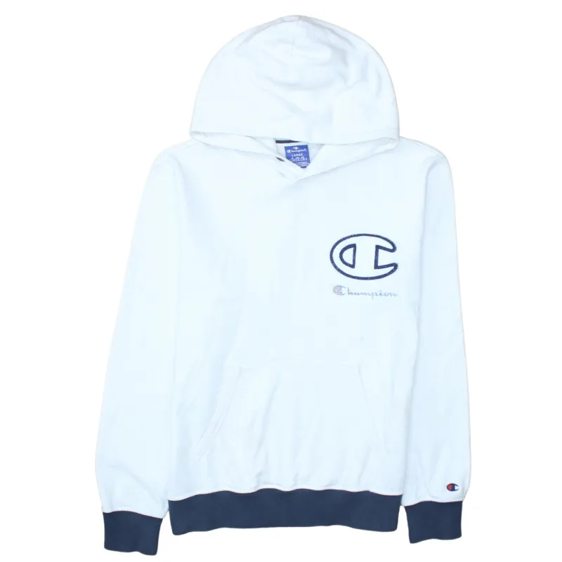 Champion White Hoodie Women’s Large Embroidered Big C Logo Navy Ribbed Hem Sweatshirt made by Champion