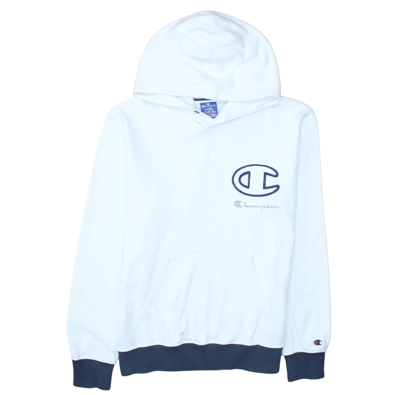 Champion White Hoodie Women’s Large Embroidered Big C Logo Navy Ribbed Hem Sweatshirt sold by Vintage Club